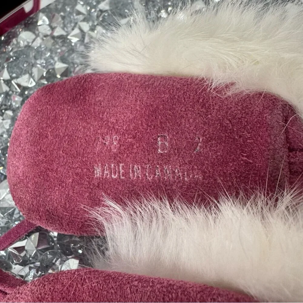 Moccasin mukluks slippers rose pink white rabbit fur made in Canada 🇨🇦 winter